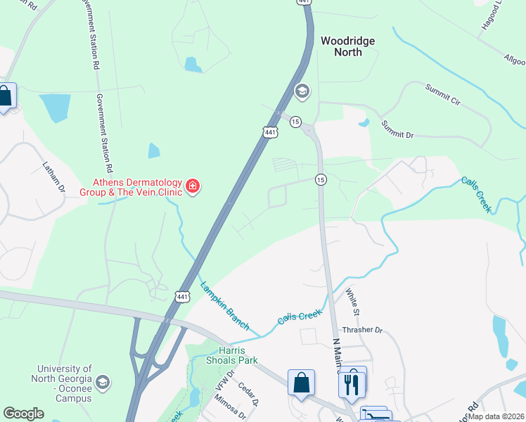 map of restaurants, bars, coffee shops, grocery stores, and more near 1080 Moreland Heights Road in Watkinsville