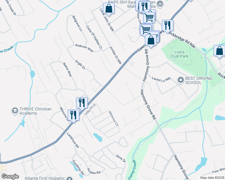 map of restaurants, bars, coffee shops, grocery stores, and more near 5794 Lawrenceville Highway in Tucker