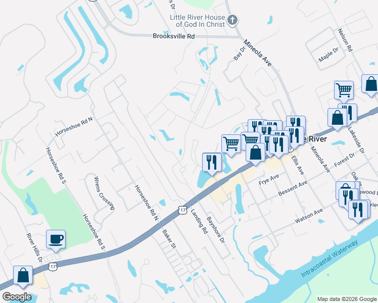 map of restaurants, bars, coffee shops, grocery stores, and more near Q-4 Pinehurst Circle in Little River