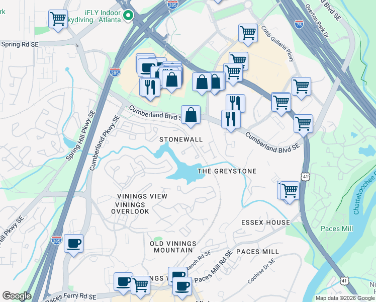 map of restaurants, bars, coffee shops, grocery stores, and more near 3705 Stonewall Circle in Atlanta