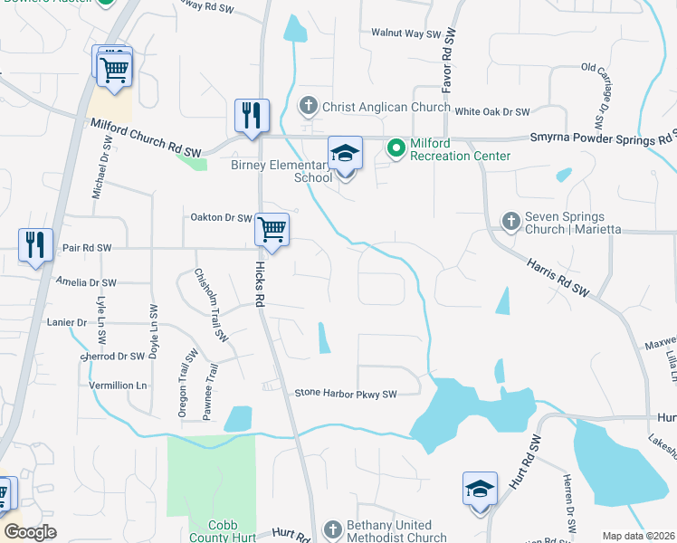 map of restaurants, bars, coffee shops, grocery stores, and more near 868 Grindstone Drive Southwest in Marietta