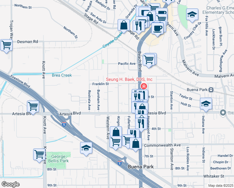 map of restaurants, bars, coffee shops, grocery stores, and more near 5821 Kingman Avenue in Buena Park