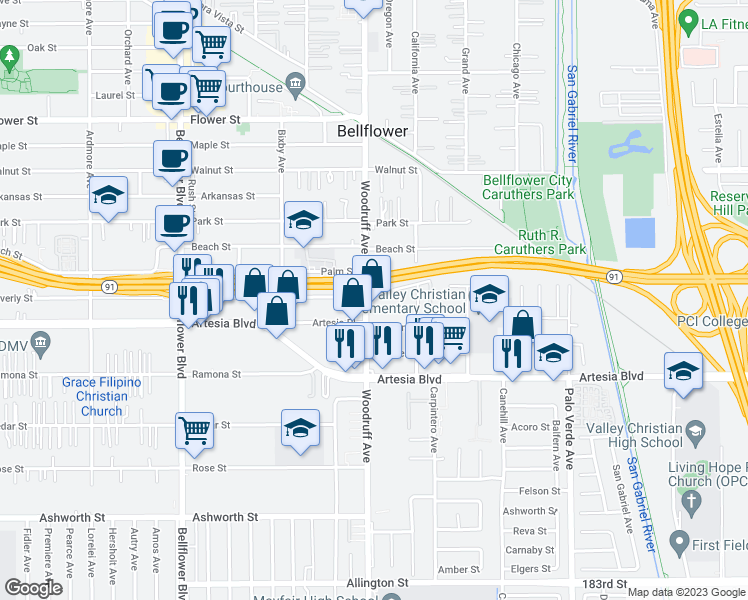 map of restaurants, bars, coffee shops, grocery stores, and more near 17302 Woodruff Avenue in Bellflower