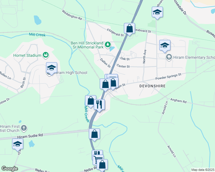 map of restaurants, bars, coffee shops, grocery stores, and more near in Hiram