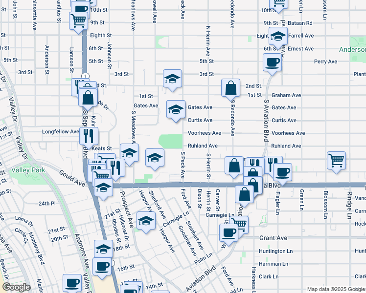 map of restaurants, bars, coffee shops, grocery stores, and more near 438 South Peck Avenue in Manhattan Beach