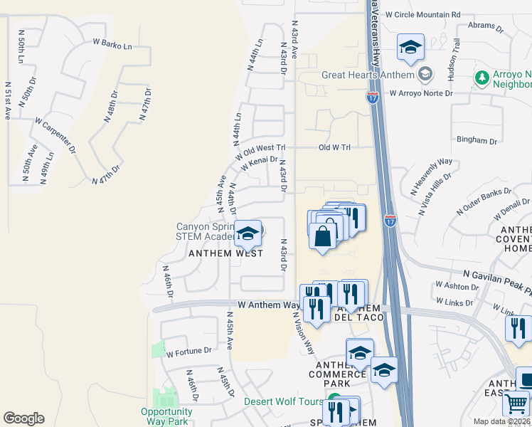 map of restaurants, bars, coffee shops, grocery stores, and more near 4319 West Phalen Drive in Phoenix