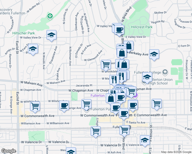 map of restaurants, bars, coffee shops, grocery stores, and more near 301 West Malvern Avenue in Fullerton