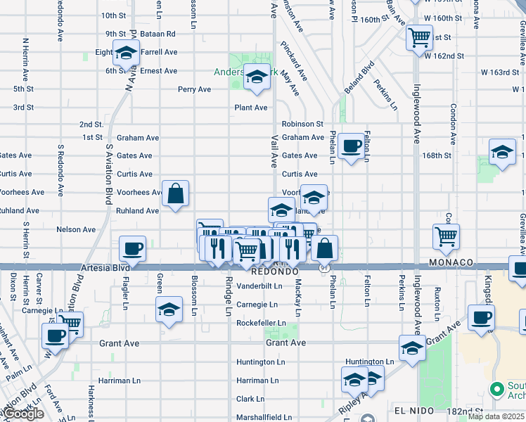 map of restaurants, bars, coffee shops, grocery stores, and more near 2222 Ruhland Avenue in Redondo Beach