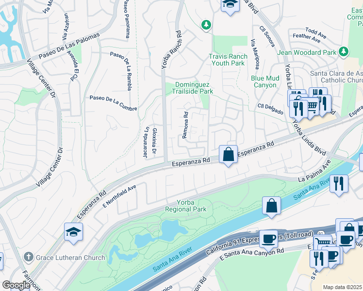 map of restaurants, bars, coffee shops, grocery stores, and more near 21121 Vía Santiago in Yorba Linda