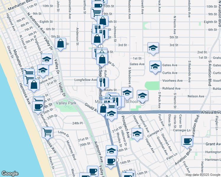 map of restaurants, bars, coffee shops, grocery stores, and more near 460 Chabela Drive in Manhattan Beach