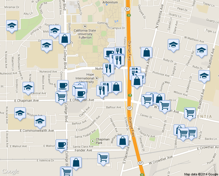 map of restaurants, bars, coffee shops, grocery stores, and more near 629 Langsdorf Drive in Fullerton
