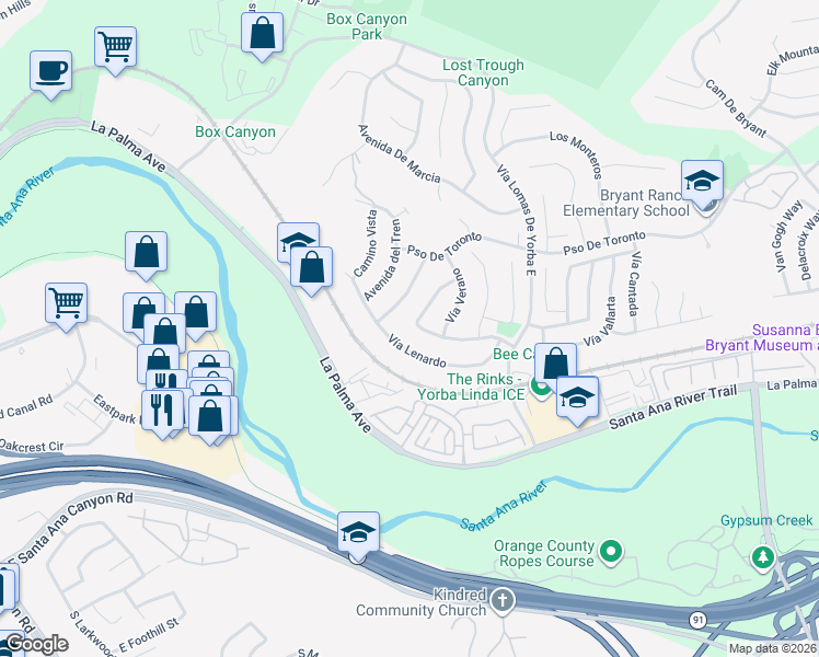 map of restaurants, bars, coffee shops, grocery stores, and more near 24330 Vía Arriba Linda in Yorba Linda