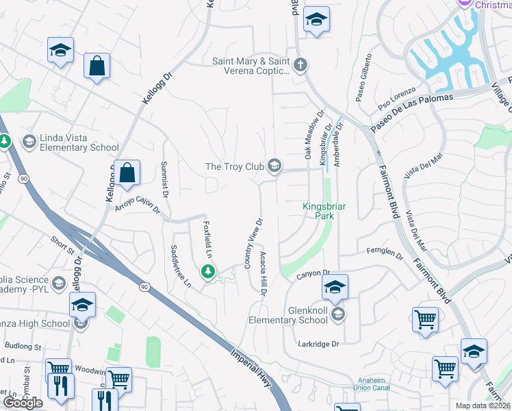 map of restaurants, bars, coffee shops, grocery stores, and more near 5912 Country View Drive in Yorba Linda