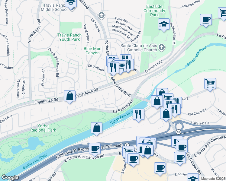 map of restaurants, bars, coffee shops, grocery stores, and more near 1285 Fairbury Lane in Anaheim