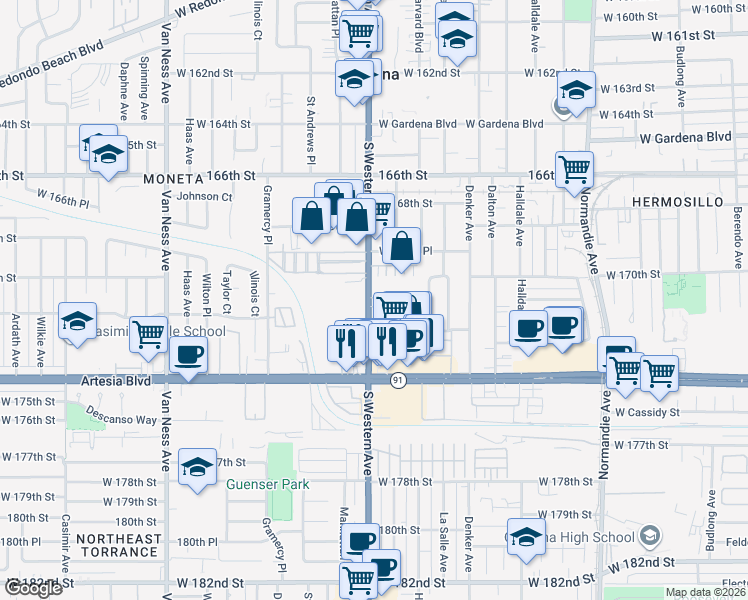 map of restaurants, bars, coffee shops, grocery stores, and more near 17024 South Western Avenue in Gardena