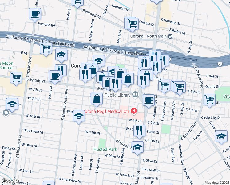 map of restaurants, bars, coffee shops, grocery stores, and more near 416 West 6th Street in Corona