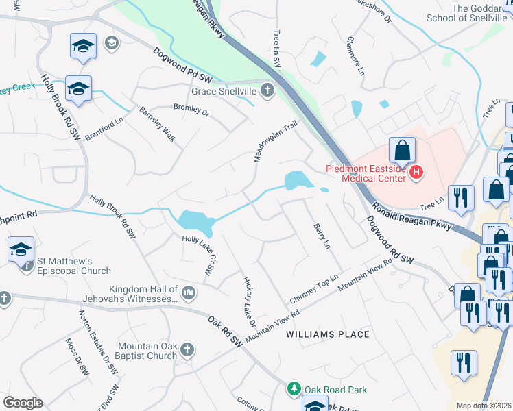 map of restaurants, bars, coffee shops, grocery stores, and more near 1606 Grandview Trce in Snellville