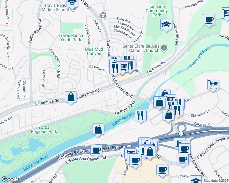 map of restaurants, bars, coffee shops, grocery stores, and more near 1285 Fairbury Lane in Anaheim