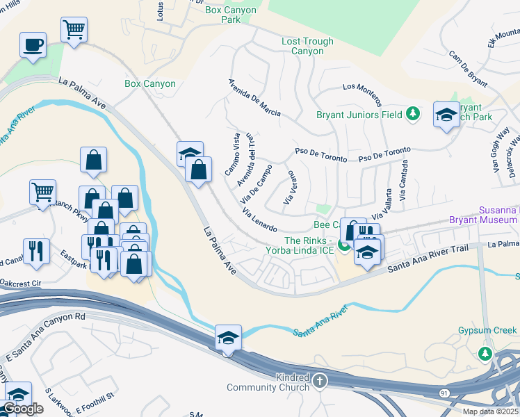 map of restaurants, bars, coffee shops, grocery stores, and more near 24330 Vía Arriba Linda in Yorba Linda