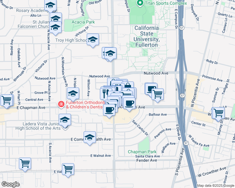 map of restaurants, bars, coffee shops, grocery stores, and more near 2404 Nutwood Avenue in Fullerton