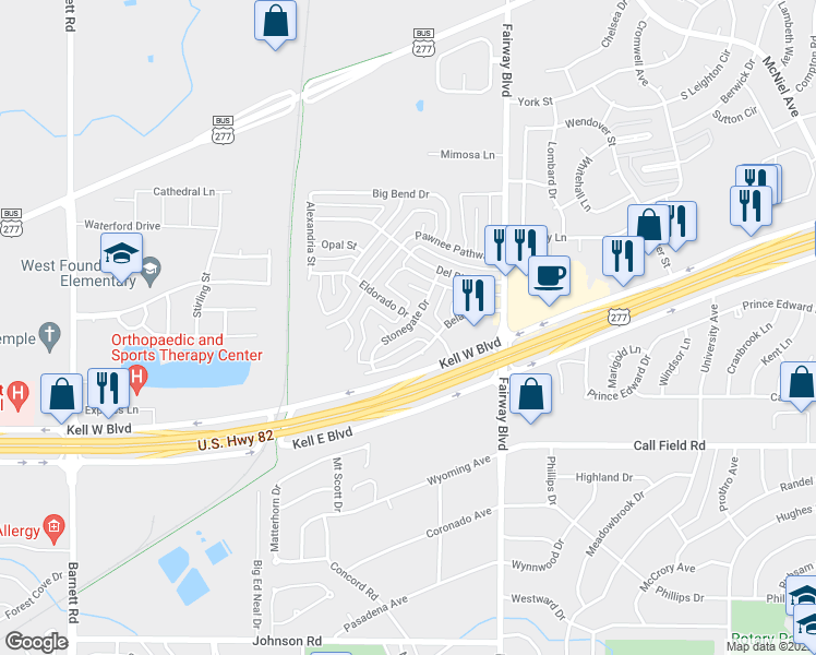 map of restaurants, bars, coffee shops, grocery stores, and more near 3800 Stonegate Drive in Wichita Falls