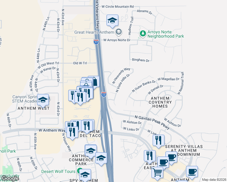 map of restaurants, bars, coffee shops, grocery stores, and more near 3927 West Ericson Drive in New River