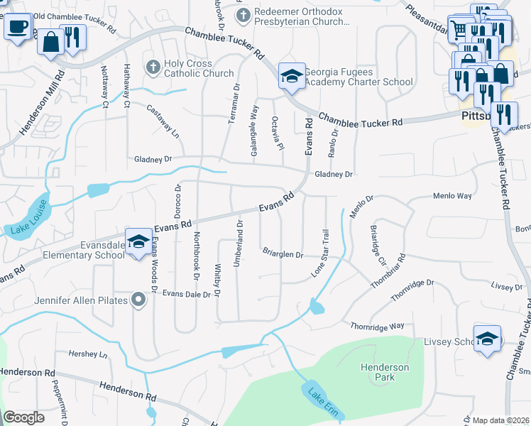 map of restaurants, bars, coffee shops, grocery stores, and more near 3827 Evans Road in Doraville