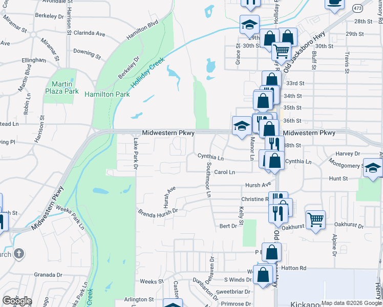 map of restaurants, bars, coffee shops, grocery stores, and more near Sarasue Lane in Wichita Falls