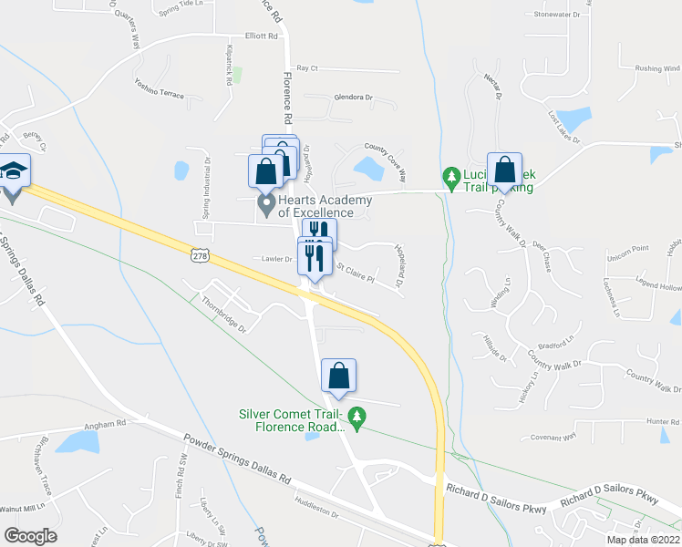 map of restaurants, bars, coffee shops, grocery stores, and more near 5176 Saint Claire Place in Powder Springs