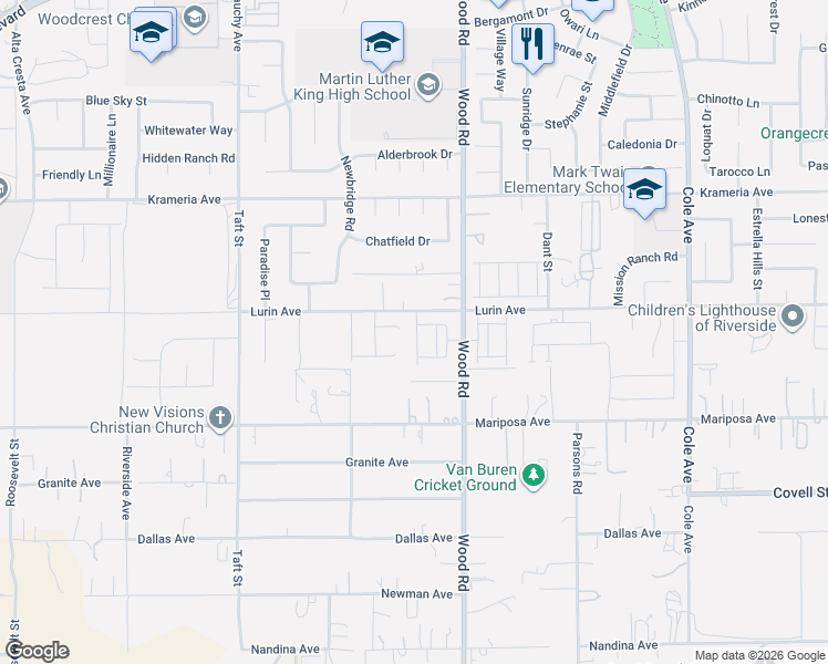 map of restaurants, bars, coffee shops, grocery stores, and more near 18870 Lurin Avenue in Riverside