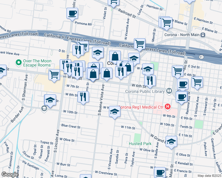 map of restaurants, bars, coffee shops, grocery stores, and more near 816 West 6th Street in Corona