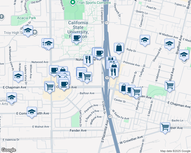 map of restaurants, bars, coffee shops, grocery stores, and more near 600 Langsdorf Drive in Fullerton