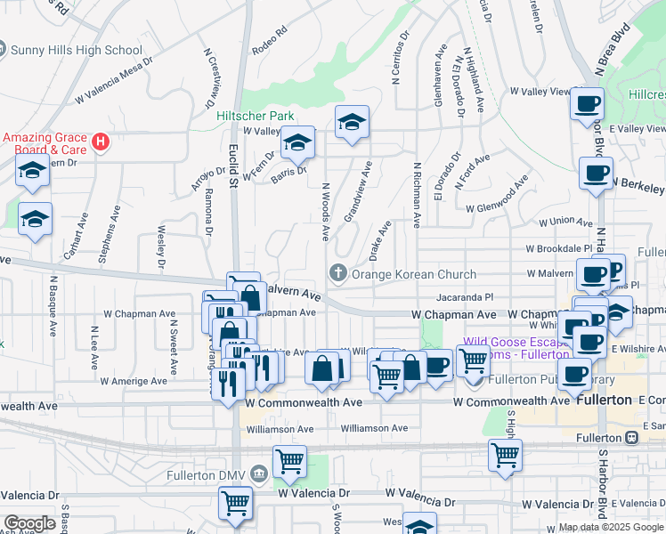 map of restaurants, bars, coffee shops, grocery stores, and more near 620 North Woods Avenue in Fullerton