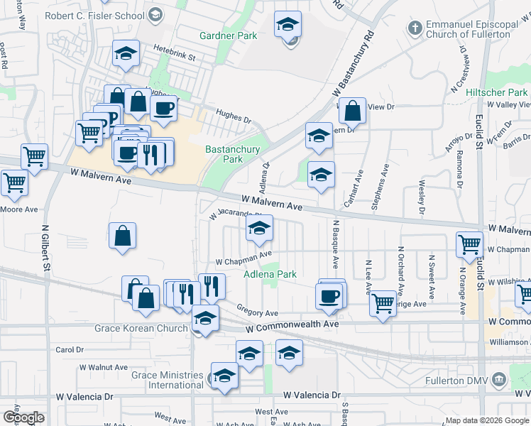 map of restaurants, bars, coffee shops, grocery stores, and more near 1755 West Malvern Avenue in Fullerton