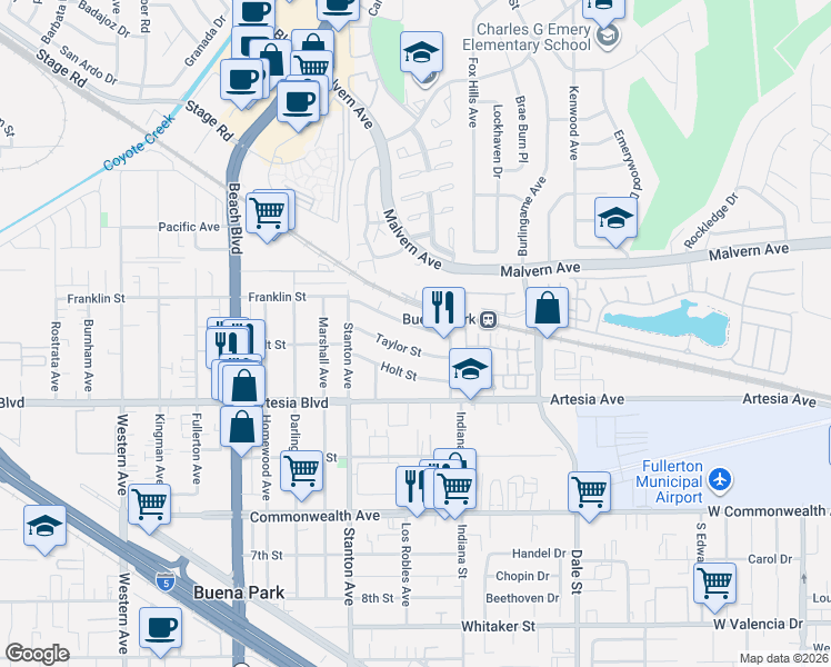 map of restaurants, bars, coffee shops, grocery stores, and more near 8111 Franklin Street in Buena Park