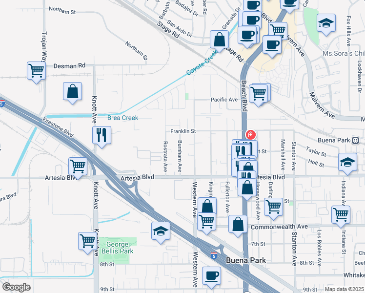 map of restaurants, bars, coffee shops, grocery stores, and more near 5794 Burnham Avenue in Buena Park