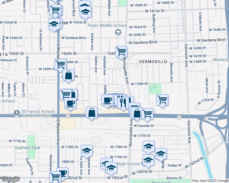 map of restaurants, bars, coffee shops, grocery stores, and more near 1455 West 171st Street in Gardena