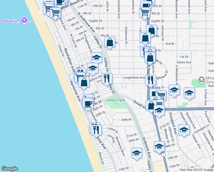map of restaurants, bars, coffee shops, grocery stores, and more near 450 30th Street in Hermosa Beach