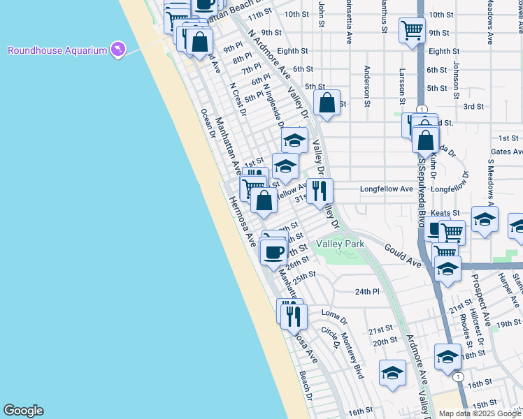 map of restaurants, bars, coffee shops, grocery stores, and more near 242 32nd Place in Hermosa Beach