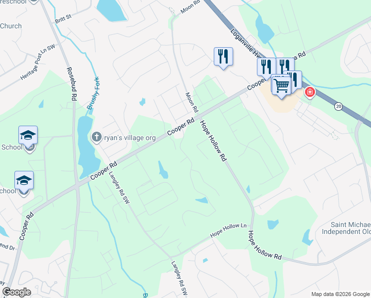 map of restaurants, bars, coffee shops, grocery stores, and more near 2820 Cooper Woods Drive in Loganville
