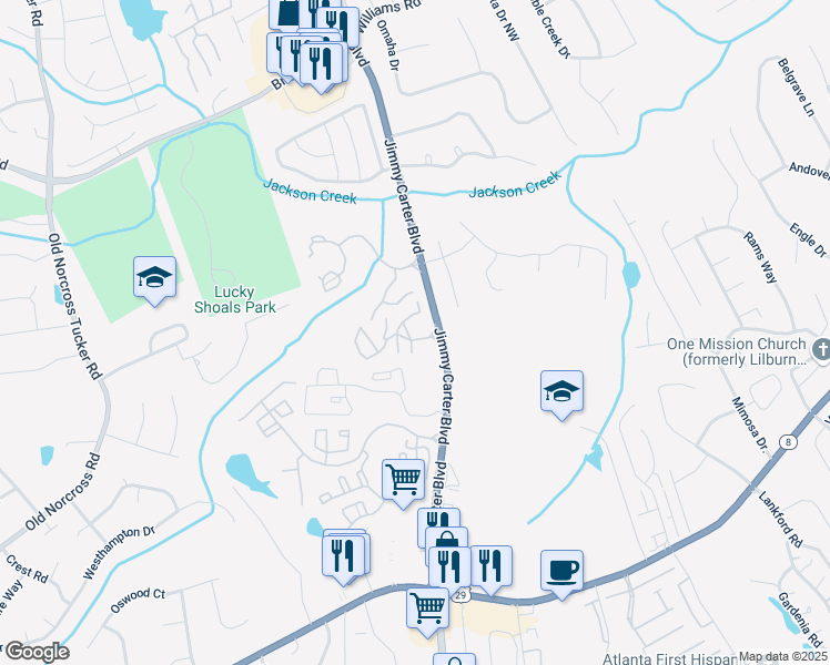 map of restaurants, bars, coffee shops, grocery stores, and more near Jimmy Carter Boulevard in Norcross