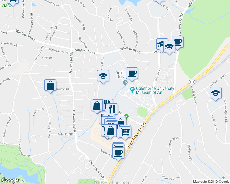 map of restaurants, bars, coffee shops, grocery stores, and more near 4484 Peachtree Road Northeast in Brookhaven