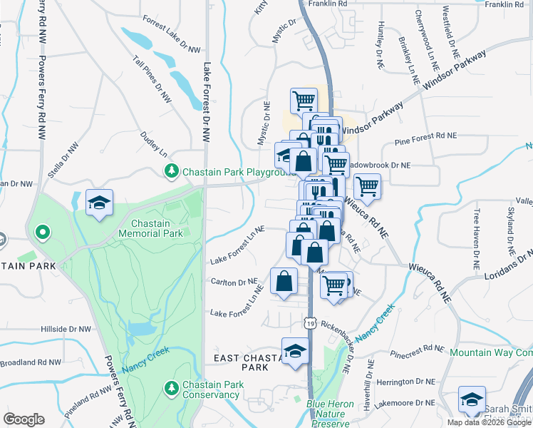 map of restaurants, bars, coffee shops, grocery stores, and more near 4776 Wieuca Road Northeast in Atlanta