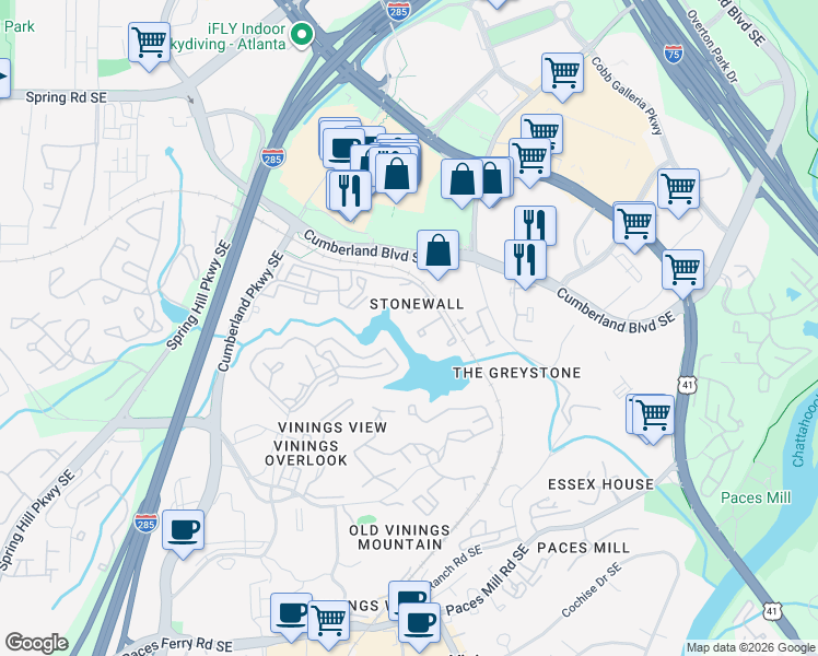 map of restaurants, bars, coffee shops, grocery stores, and more near 3705 Stonewall Circle in Atlanta