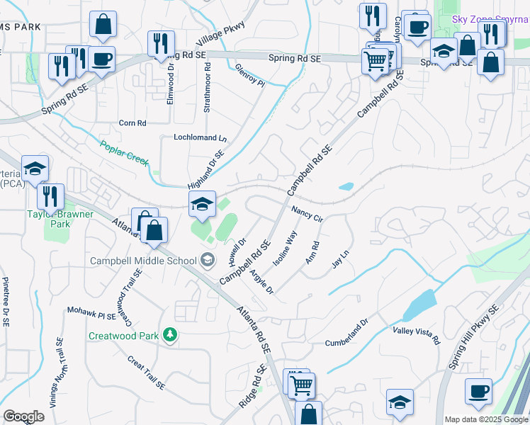 map of restaurants, bars, coffee shops, grocery stores, and more near 2018 Nancy Circle in Smyrna