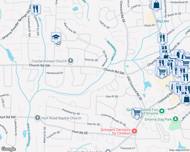 map of restaurants, bars, coffee shops, grocery stores, and more near 3162 Autumn Brook Trail in Smyrna