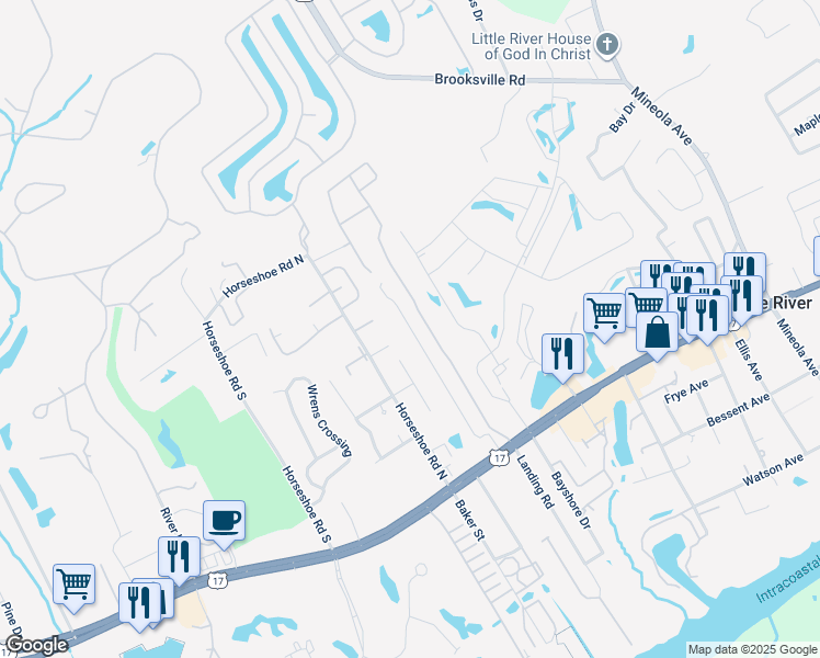 map of restaurants, bars, coffee shops, grocery stores, and more near 4122 Mica Avenue in Little River