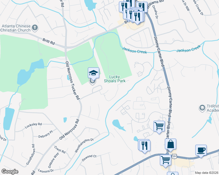map of restaurants, bars, coffee shops, grocery stores, and more near 525 Indian Acres Court in Tucker