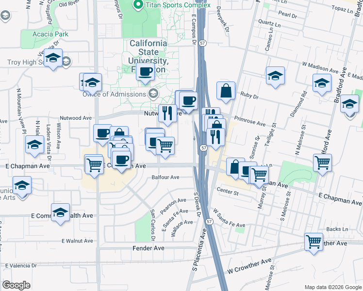 map of restaurants, bars, coffee shops, grocery stores, and more near 600 Langsdorf Drive in Fullerton