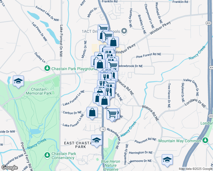map of restaurants, bars, coffee shops, grocery stores, and more near Roswell Rd & Wieuca Rd NE in Atlanta